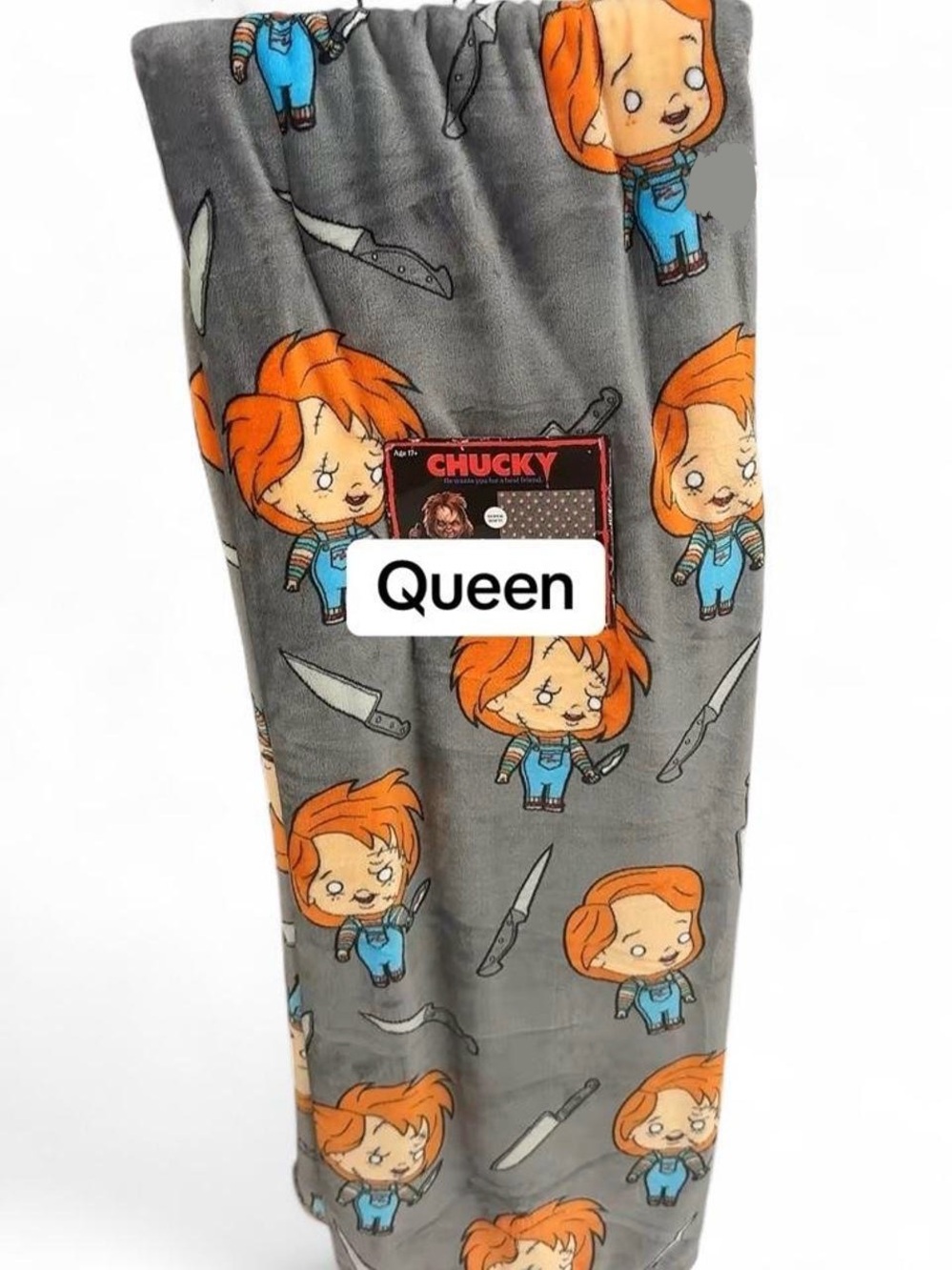Chucky Queen Plush Throw Blanket - Gray with Orange Character Print